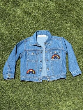 Tracies Blue Denim Kids Jacket with Rainbow Patches & Unicorn on Back